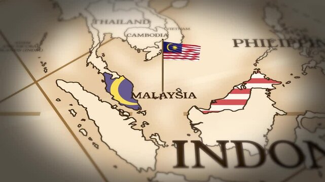 Malaysia flag showing on world map with 3D rendering