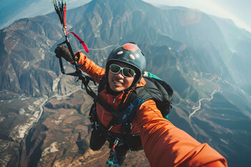 Man taking selfie while practicing paragliding. Paraglider flies in the sky. Extreme sports, active pastime, interests, hobbies, adrenaline junkie