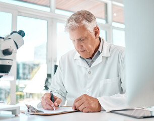 Mature man, scientist and writing in lab for medicine notes, information and experiment results of study. Male person, paper and checklist, medical analysis or investigation report of pharmaceutical