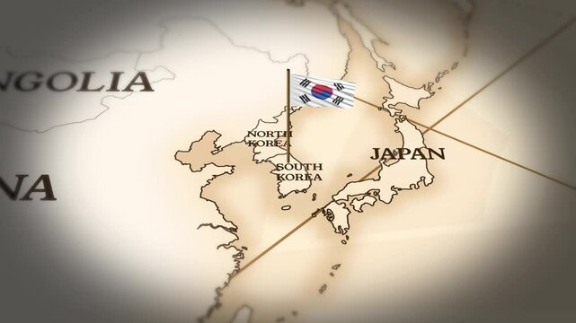 South korea flag showing on world map with 3D rendering