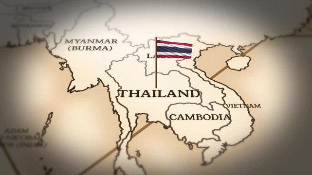 Thailand flag showing on world map with 3D rendering