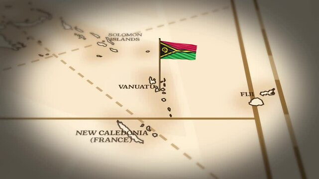 Vanuatu flag showing on world map with 3D rendering