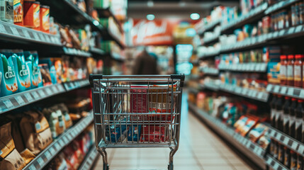 A shopping cart filled with groceries is positioned in the center aisle of a supermarket, surrounded by shelves stocked with various products, highlighting the concept of shopping and retail.