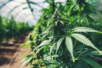 a greenhouse dedicated to cannabis cultivation, featuring rows of thriving plants under specialized lighting and climate control.