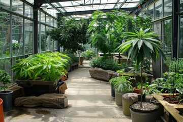 a greenhouse dedicated to cannabis cultivation, featuring rows of thriving plants under specialized lighting and climate control.
