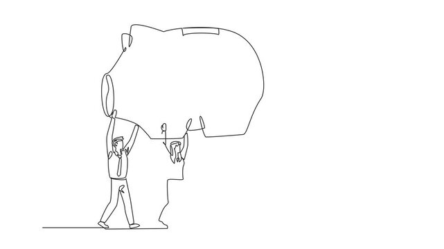 Animation of a continuous one line drawing of a group of businessmen and businesswomen working together carrying a piggy bank. Invite to invest. Be careful in spending money. Full length motion