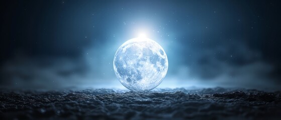  A full moon ascending above clouded night sky, radiating brilliant light from its peak
