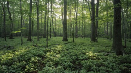 Obraz premium A tranquil forest scene featuring tall trees and a lush green understory, bathed in soft natural light, evoking peace and serenity. 