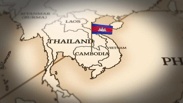 Cambodia flag showing on world map with 3D rendering