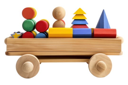 Cart of wooden toys isolated on transparent background