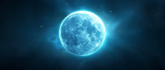 Obraz premium A large, blue object sits centrally amidst a backdrop of stars, surrounded by a bright blue light in its midst