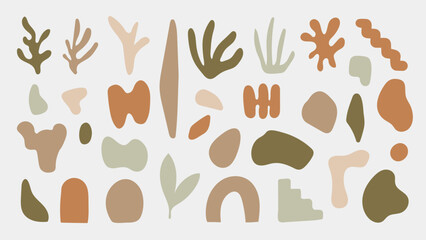 Set of abstract organic shapes element vector. Plants, cactus, leaf, algae, vase in paper cut collage style. Contemporary aesthetic vector element for logo, decoration, print, cover, wallpaper.