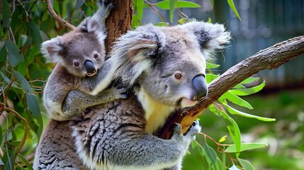 Mother koala on a eucalyptus tree nursing her young on her back