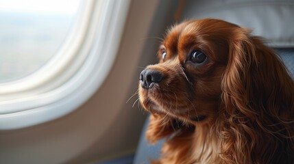 dog in the passenger cabin of an airplane in a chair. The King Charles Spaniel sits by the window on the plane. transportation of animals.