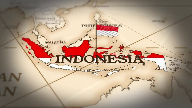 Indonesia flag showing on world map with 3D rendering
