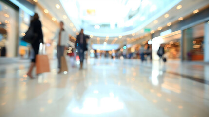 A blurred view of a modern shopping mall with people walking and carrying shopping bags. The bright, spacious interior features store lights and reflections, conveying a lively retail atmosphere.