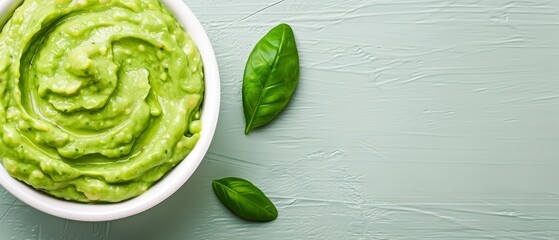 Obraz premium A white bowl holds green guacamole, accompanied by a green basil sprig