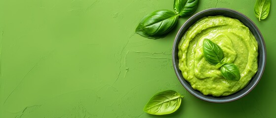 Obraz premium A bowl of guacamole atop a table, near a verdant green wall, and a pair of scissors nearby