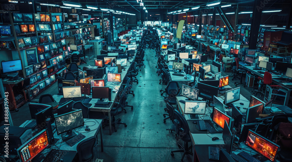 Poster a large industrial room filled with computer addicts each reclined in gaming chairs at desks each co
