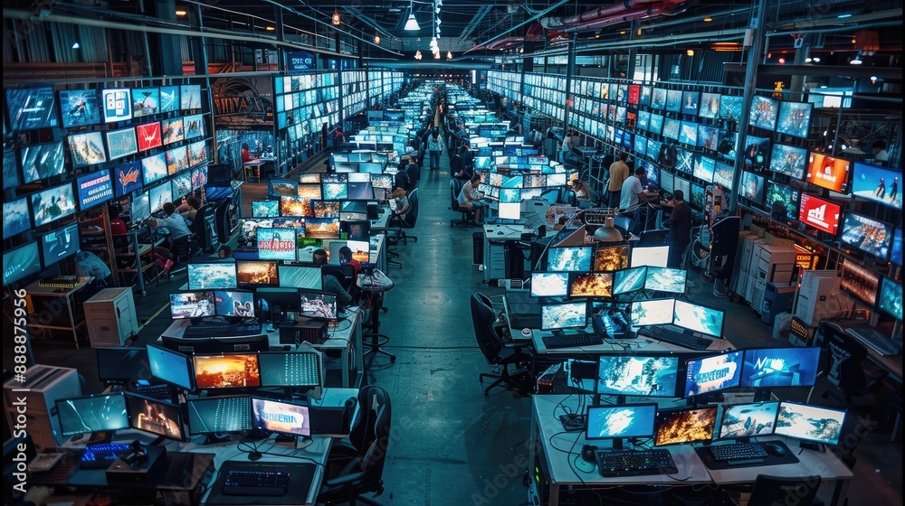 Aufkleber a large industrial room filled with computer addicts each reclined in gaming chairs at desks each co