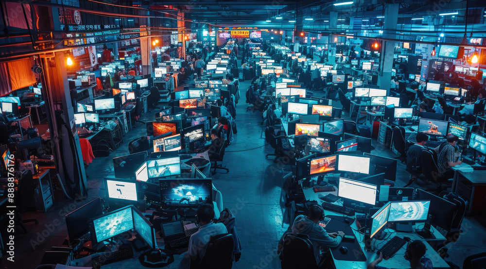 Poster A large industrial room filled with computer addicts each reclined in gaming chairs at desks each covered with a towering pile of numerous monitors, playing video games. Generative AI.
