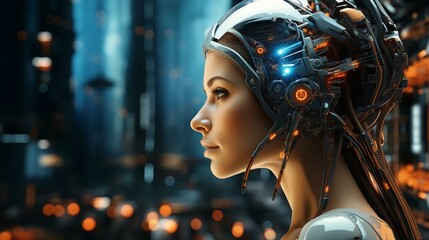 A woman with a futuristic headpiece stands in front of a cityscape