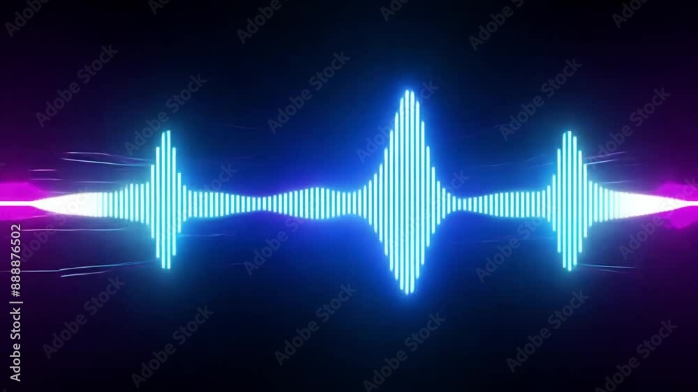 Poster this blue sound wave visualization with purple trails in a dark background.