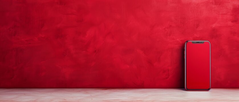  A red phone rests on the floor before a red wall Atop the wall, a black phone is placed