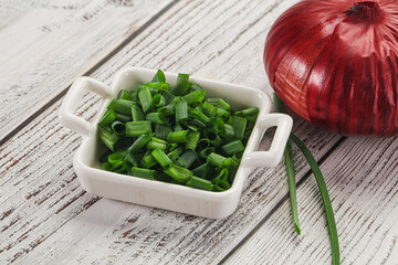Diced green onion in the bowl