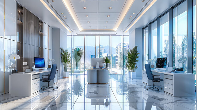 Small office interior design, modern light luxury style, white and blue color scheme, high ceiling, floor-to-ceiling windows on the back wall, desks, chairs, computers and other high-tech furniture.