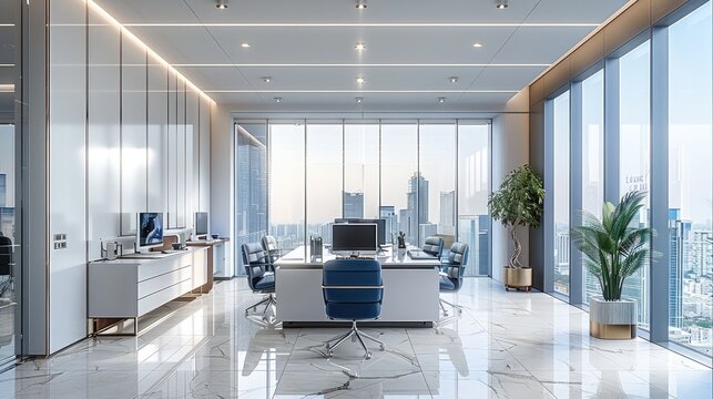 Small office interior design, modern light luxury style, white and blue color scheme, high ceiling, floor-to-ceiling windows on the back wall, desks, chairs, computers and other high-tech furniture.