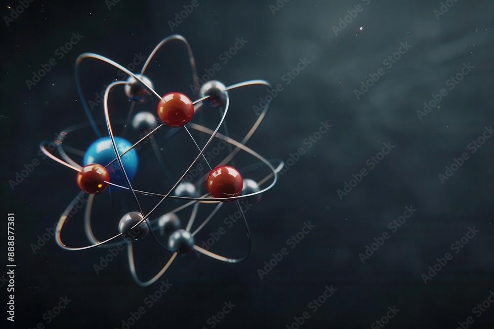 Wall mural 3d rendered image of an atom structure with orbiting electrons on a dark background, depicting a con