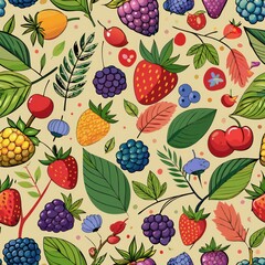 Seamless pattern of assorted berries and leaves, Generative AI