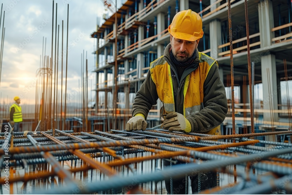 Poster a construction worker working on steel rebar frames at the site of an industrial building under crea