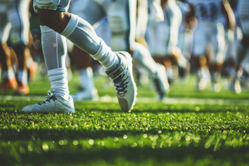 photo of camera focus legs of Football players playing on the football field, defocused