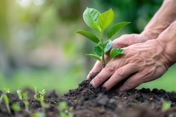 Fototapeta premium Close-up of hands planting a small tree in soil, highlighting conservation, growth, and cultivating a green environment.