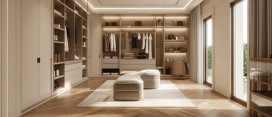 A rectangular room, light-colored herringbone wood flooring, guest walk-in closet, integrated vanity table and wardrobe, combination of open and closed wardrobe doors, modern minimalist style.