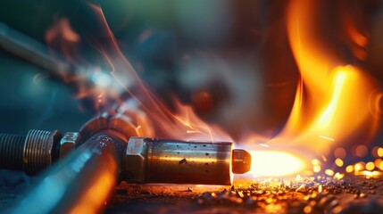 Macro close up of acetylene torch melting valuable metals with room for text