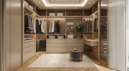 A rectangular room, light-colored herringbone wood flooring, guest walk-in closet, integrated vanity table and wardrobe, combination of open and closed wardrobe doors, modern minimalist style.