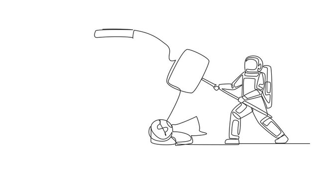 Animated self drawing single one line drawing astronaut hit big piggy bank with big hammer until it cracked. Coins scattered around. Not according to plan. Funding difficulties. Full length animation