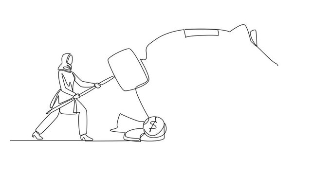 Single one line drawing Arab businesswoman hit big piggy bank with big hammer until cracked. Coins scattered around. Financial plans in disarray. Problem. Continuous line design graphic illustration