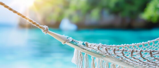  A tight shot of a hammock facing a body of water, with trees framing the foreground