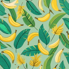 Obraz premium Seamless pattern of bananas and banana leaves, Generative Ai