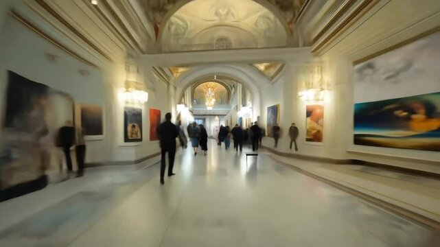 Art gallery walk through with paintings of people, landscapes, and abstracts.