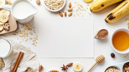 Empty white card with tomatoes, mozzarella, basil, olive oil, balsamic vinegar