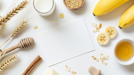 Fototapeta premium Empty white card with tomatoes, mozzarella, basil, olive oil, balsamic vinegar