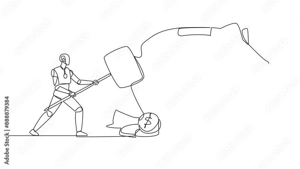Poster self drawing animation continuous one line drawing robot hit big piggy bank with a big hammer until 