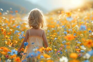 Young Girl Walking Through a Field of Flowers at Sunset