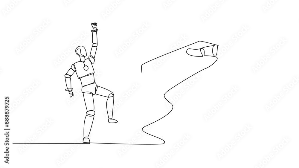 Poster self drawing animation of single one line drawing a robot excited to get a stack of banknotes from g