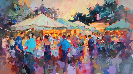 Naklejka premium A dreamy, impressionist painting of a wine festival with soft colors and joyous people